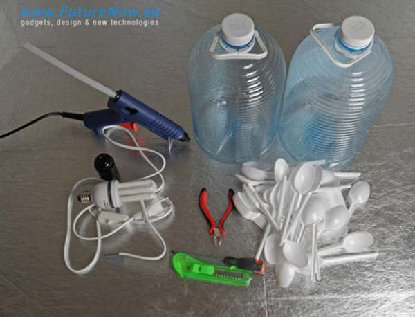 创意无处不在的废旧物品改造集锦-塑料瓶+一次性勺子+LED改造成的创意吊灯