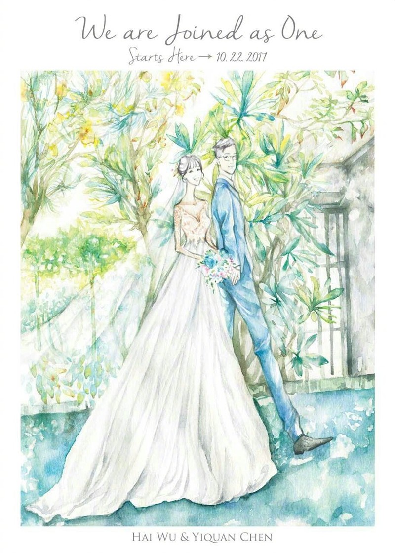 郎才女貌的婚礼手绘水彩画图片