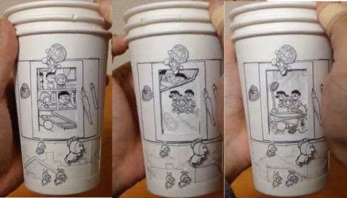 日本牛人用3个纸杯创作出哆啦A梦